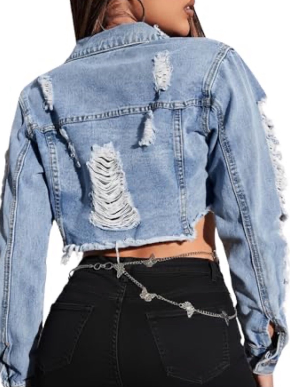 Distressed Light Blue Cropped Denim Jacket